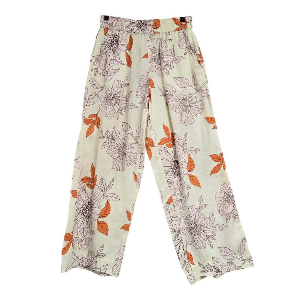 Rachel Rachel Roy 100% Linen Floral Wide Leg Pants Cream Mauve Orange Women's S